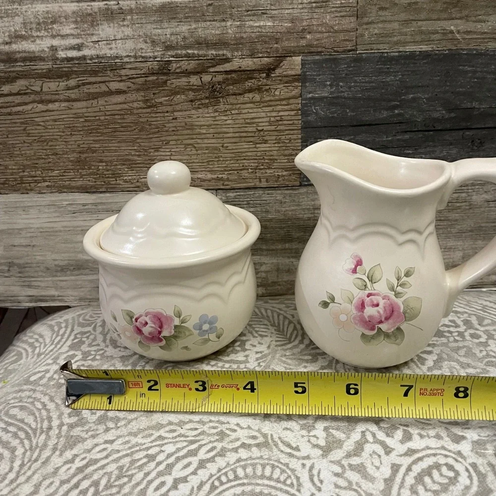 Pfaltzgraff Tea Rose Sugar Bowl and Creamer Pitcher Set Floral Design